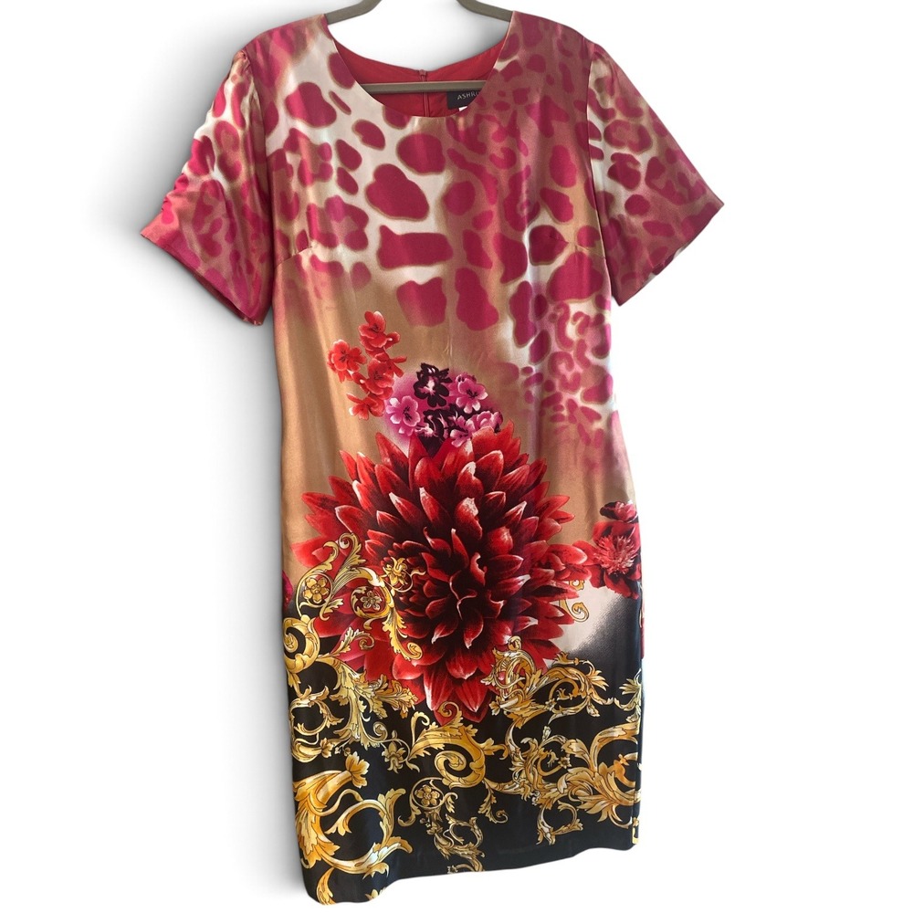 Ashro Women Red Pink Floral Leopard Baroque Sheath Dress Size 16 Style 629047